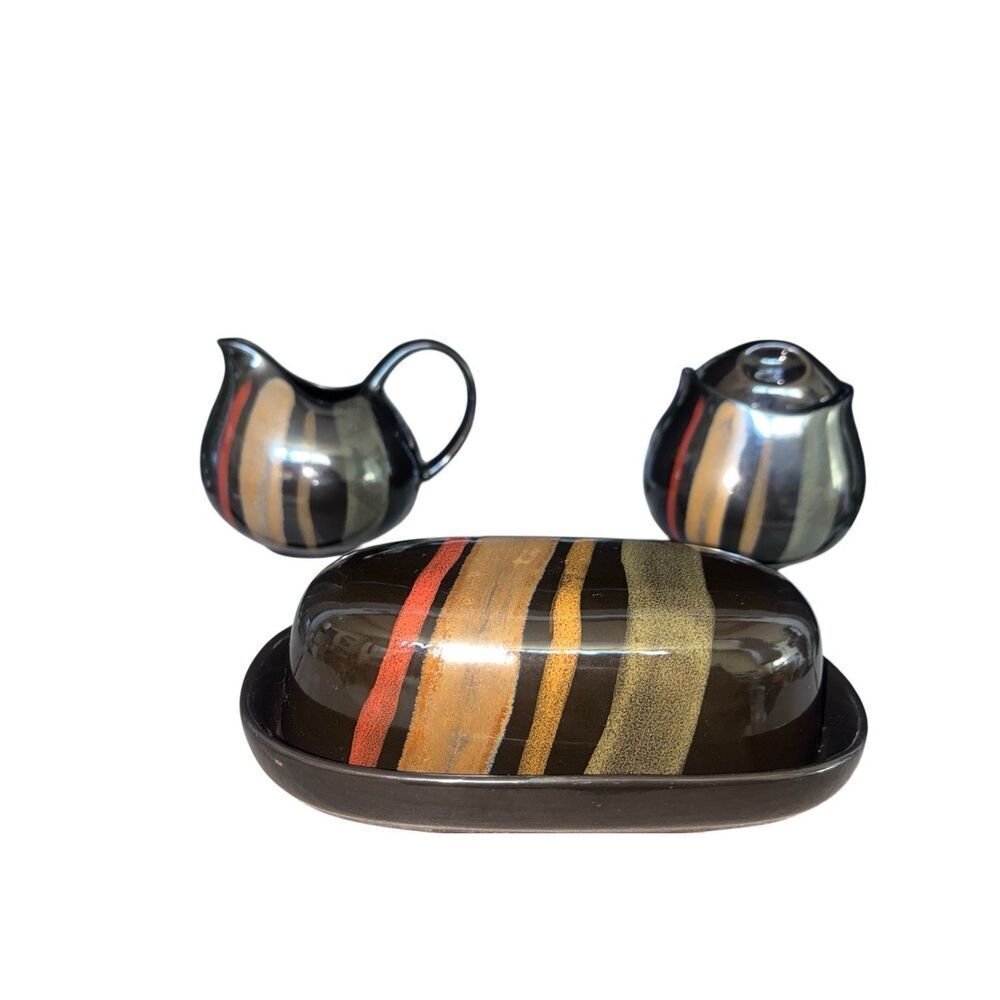 Vintage Sango Avanti Black 4721 3-Pc Set Covered Butter Dish Sugar Bowl Lid Crea